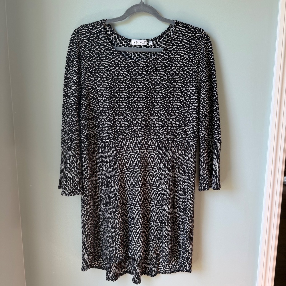 Habitat Long Sleeve Mixed Print Textured Knit Tunic Top Black White Lagenlook M